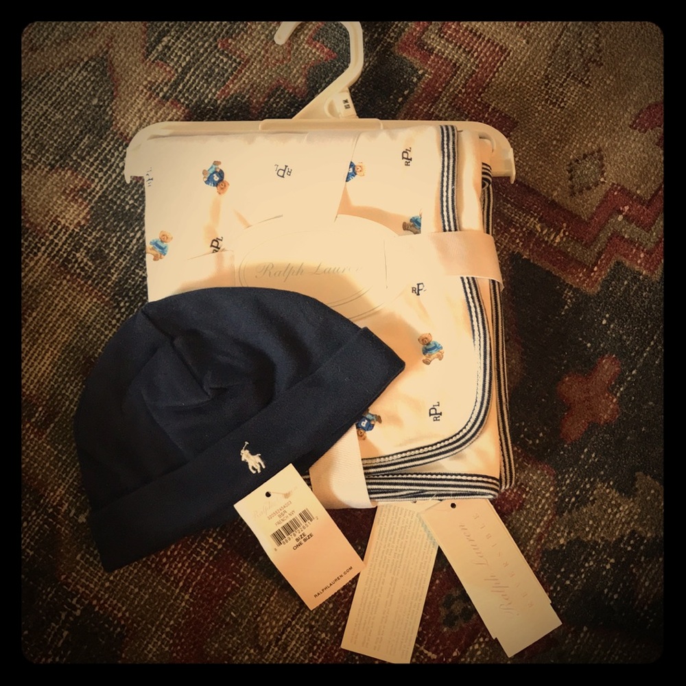 Ralph Lauren baby blanket and hat NWT